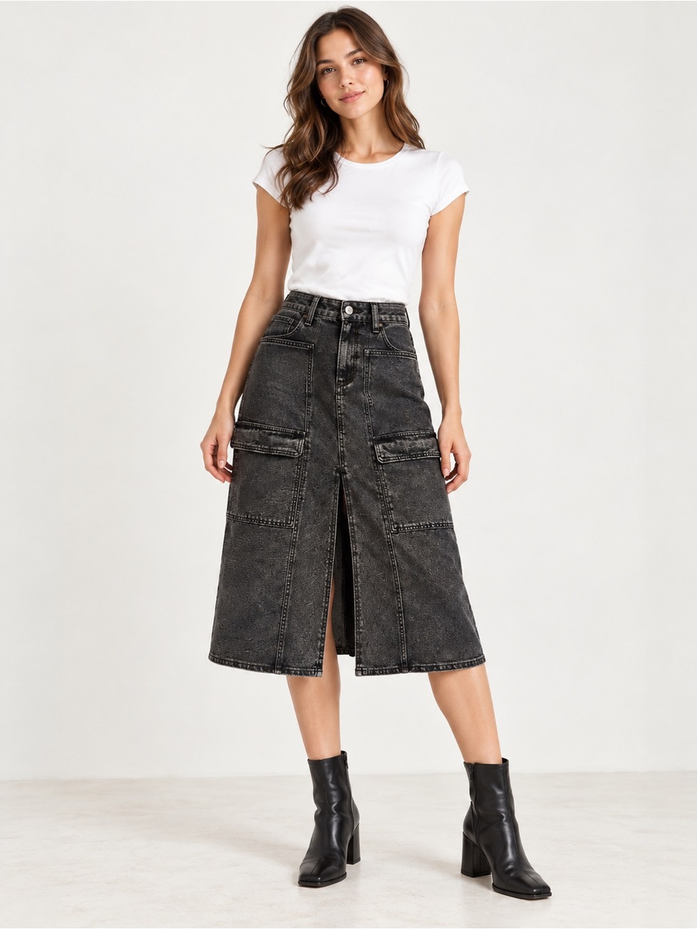 Sincerely Jules Cargo black denim Midi Skirt Pockets Size 9/29 NWT